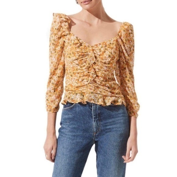 Astr Tops - ASTR The Label Ruched Sleeve Sweetheart Top Ditsy Floral mustard size Small